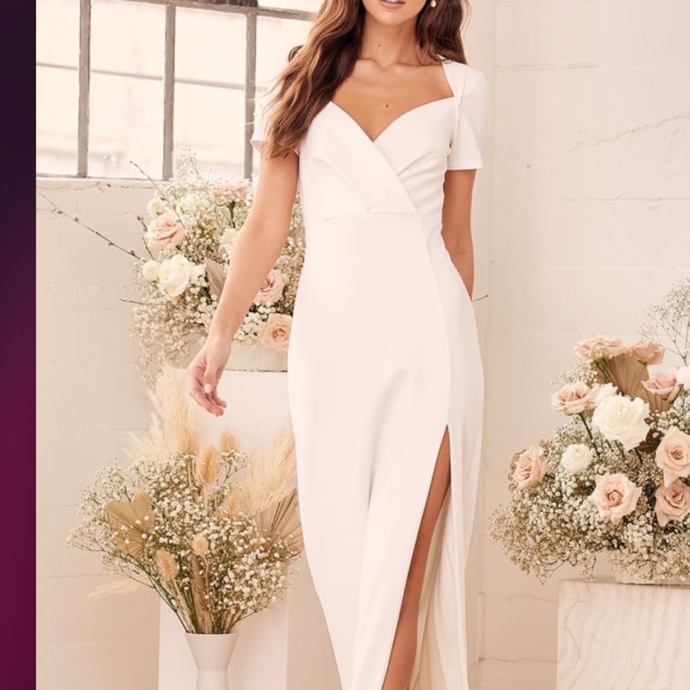 Lulus White Surplice Short Sleeve Maxi Formal Wedding Dress S